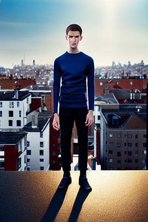 Image similar to un ultra high definition studio quality photographic art portrait of a young man standing on the rooftop of a british apartment building wearing soft padded silver pearlescent clothing. three point light. extremely detailed. golden ratio, ray tracing, volumetric light, shallow depth of field. set dressed.