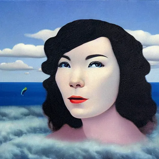 Prompt: very detailed portrait of photorealistic bjork floating above the ocean into a gray skay. painted by rene magritte, 1 9 2 7. oil on canvas.