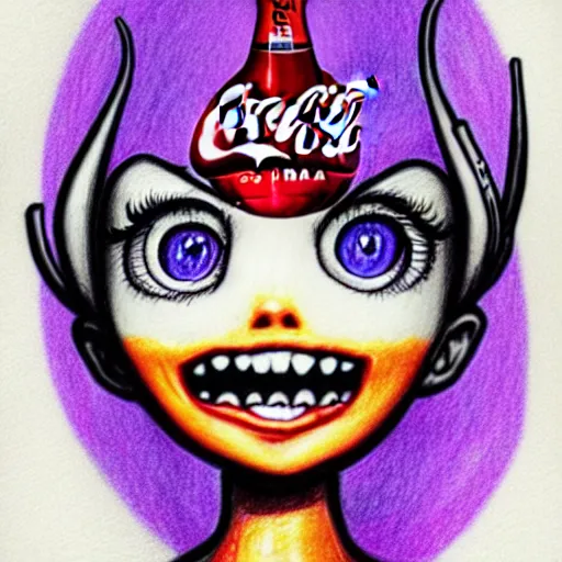 Image similar to pencil drawing of the coke logo personified as a soda themed girl in the style of the lavender towne, large creepy eyes, extremely detailed and colorful eyes, digital art, deviant art, soda themed girl, hyper detailed eyes, money sign pupils, tim burton, scratchy lines, junji ito, gorrilaz, her forehead has the coke logo burned into it