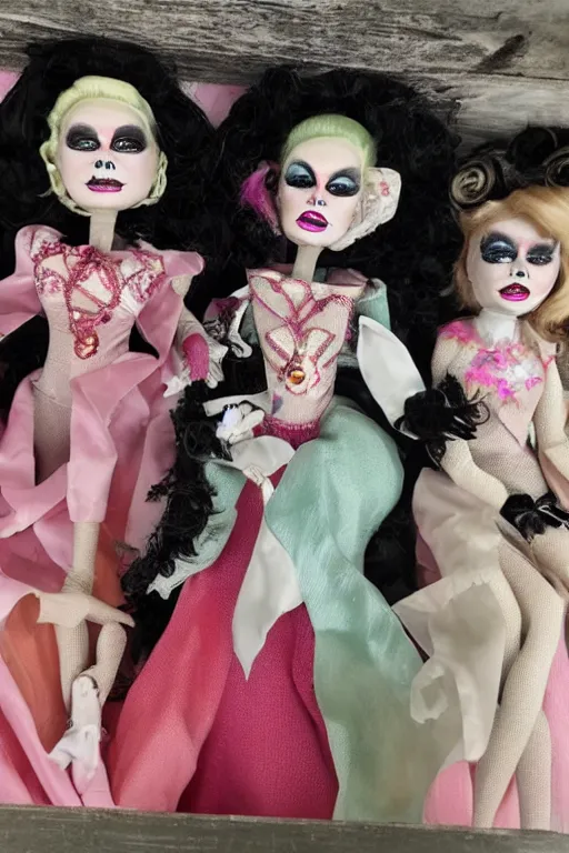 Prompt: drag queen ceramic dolls in creepy attic