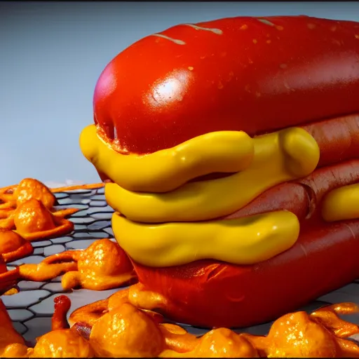 Prompt: a giant hotdog demon spiting spicy mustard. eldenring boss, zbrush, arnold render, unrealengine 5, dark souls, horror, extremely detailed