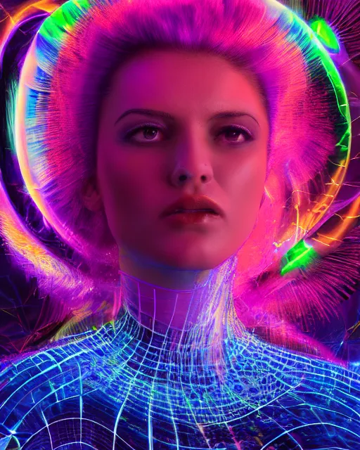 Image similar to a powerful energy psychedelic matrix woman, by alexander fedosav, hyper detailed digital matte painting, concept art, hyperrealism, 1 6 k resolution, cinema 4 d, 8 k resolution, trending on artstation, behance hd, a masterpiece, by stephan martiniere, particles, cel - shaded, power bright neon energy, by david a. hardy,