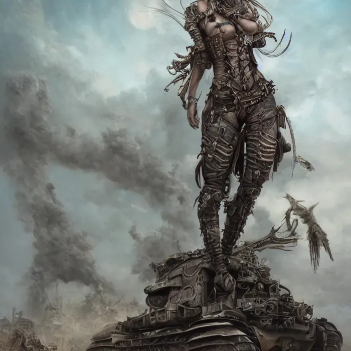 Image similar to beautiful apocalyptic woman with mohawk, standing on mad max panzer tank, hyper-detailed, smooth, sharp focus, 4k ultra hd, fantasy dark art, tank girl, artgerm, artstation, octane render, elegant, detailed digital painting, apocalyptic art, Peter mohrbacher, unreal engine, depth map