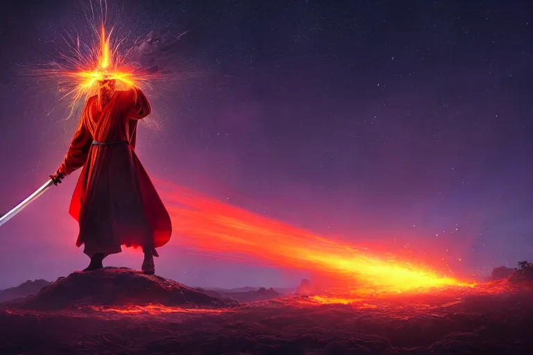 Image similar to levitating wizard wielding a sword, opening a shining portal, night sky, horizon of an erupting volcano, ultra realistic, epic lighting, high detail, trending on artstation