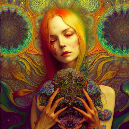 Image similar to An extremely psychedelic experience, reality bending, colorful, surreal, magic mushrooms, psilocybin, LSD, face, detailed, intricate, elegant, highly detailed, digital painting, artstation, concept art, smooth, sharp focus, illustration, art by Krenz Cushart and Artem Demura and alphonse mucha