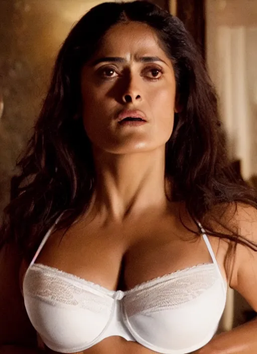 Prompt: film still of salma hayek in a haunted house, thicc, large chest, white lace bra, white thong, 4k