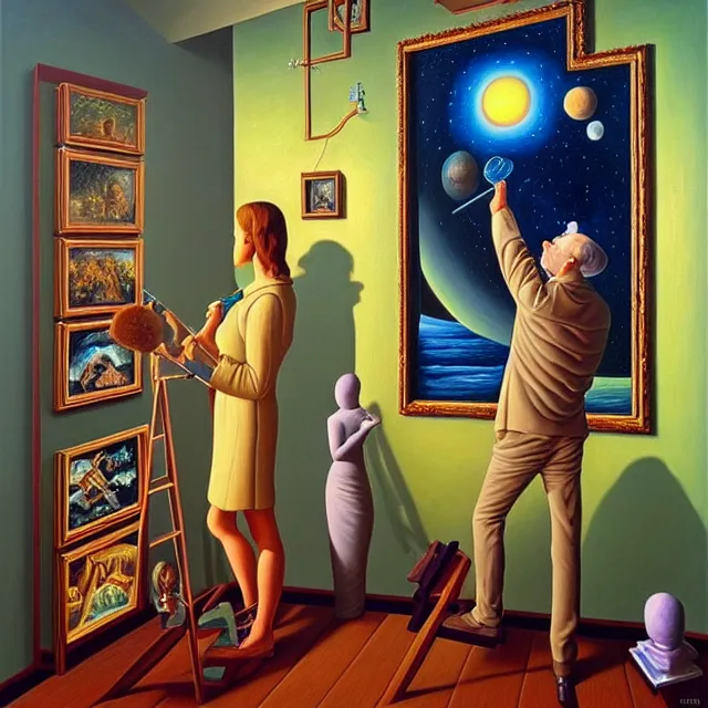 Prompt: an oil on canvas portrait of a man painting a portrait of a beautiful woman surrounded by paintings, surrealism, surrealist, cosmic horror, rob gonsalves, high detail