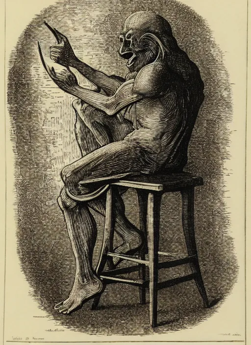 Prompt: elmo sits on a stool, demon from the dictionarre infernal, etching by louis le breton, 1 8 6 9, 1 2 0 0 dpi scan, ultrasharp detail, clean scan