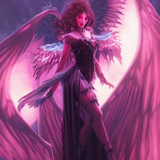 Prompt: young vampiress with burning wings in a pink castle 4 k high definition gorgeous dramatic lighting artstation trending path traced contrast light and dark cinematic breathtaking by hughes, edward robert, noriyoshi ohrai and hans zatzka