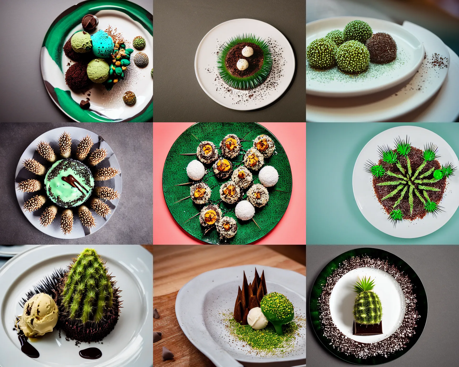 Prompt: a fine dining dessert plate of spiky chocolate green cactus and ice cream, sugar sprinkled, food photography, michelin star, fine dining, bokeh