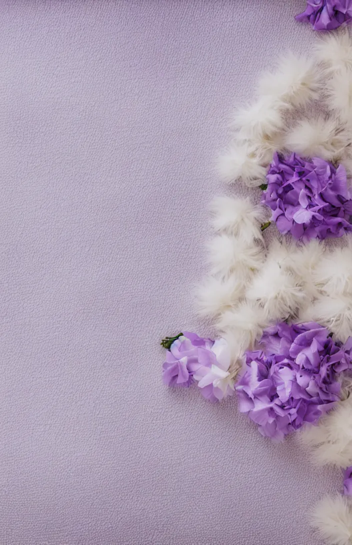 Prompt: light and clean soft cozy background image with soft light - purple flowers lying on a pale white soft fuzzy blanket, dreamy lighting, background, cottagecore, photorealistic, backdrop for obituary text