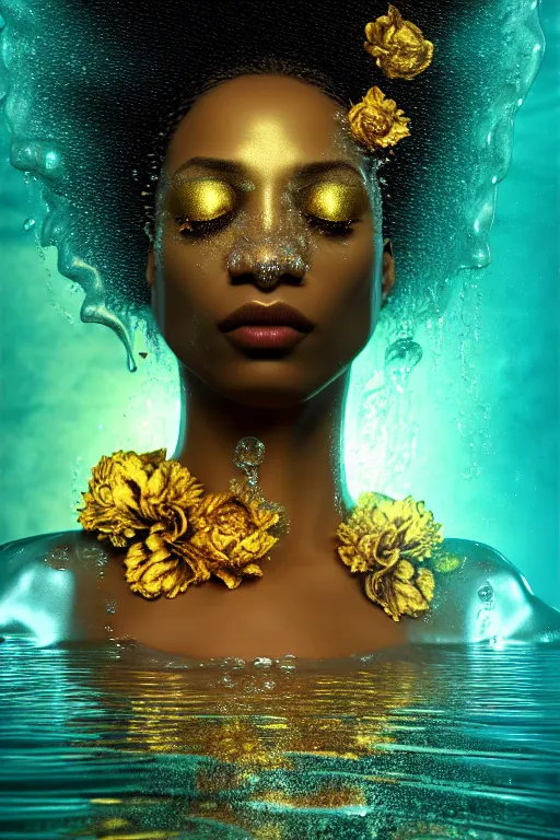 Prompt: hyperrealistic neo - rococo cinematic very expressive! black oshun goddess, open eyes, body in water, mirror dripping droplet!, gold flowers, highly detailed face, digital art masterpiece, smooth eric zener cam de leon dramatic pearlescent teal light, ground angle uhd 8 k, sharp focus