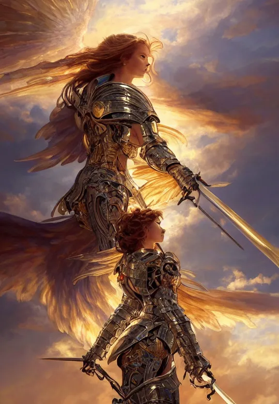 Prompt: A beautiful fierce angel wearing metal battle armor and a flaming sword, among heavenly sunlit clouds, close-up, intricate, elegant, digital painting, golden hour, cinematic, trending on artstation, concept art, smooth, sharp focus, illustration, art by artgerm and Greg Rutkowski and Alphonse Mucha