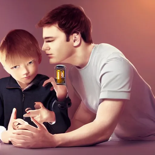 Image similar to a handsome young android family with a young boy, scene from a future world where nanotechnology is ubiquitous