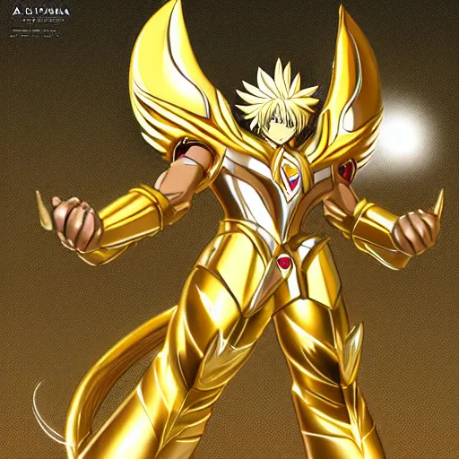 Prompt: full shot of Saint Seiya knight wearing golden Cat armor, detailed, inspired by Masami Kurumada, ArtStation