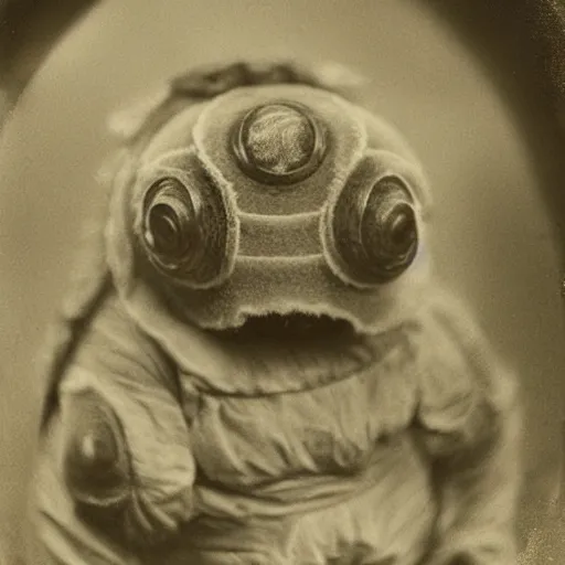 Image similar to tardigrade!!! daguerreotype portrait photograph. inspired by gerard grom and ansel adams. beautiful. cute. happy. highly detailed. old timey.