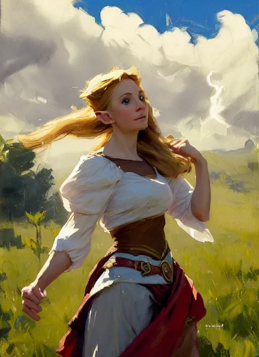 Image similar to Greg Manchess painting of prinzess Zelda in casual wear out playing with the dogs, countryside, fantasy character portrait, dynamic pose, above view, sunny day, thunder clouds in the sky, artwork by Jeremy Lipkin and Giuseppe Dangelico Pino and Michael Garmash and Rob Rey, very coherent asymmetrical artwork, sharp edges, perfect face, simple form, wacky, 100mm