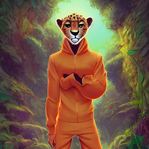 Image similar to don bluth, loish, artgerm, joshua middleton, anthropomorphic cheetah, wearing a track suit, smiling, symmetrical eyes, symmetrical face, colorful animation forest background