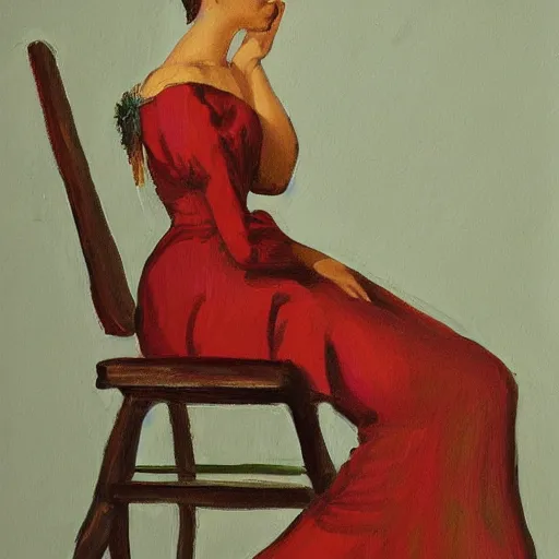 Image similar to a painting of a woman sitting on a chair in the style of margaret keene