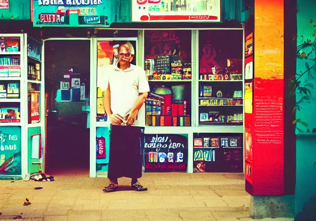 Image similar to home photography portrait, A shop keeper person of the SHOME, floor, signboards , poster ; summer, Color VHS picture quality with mixed noise