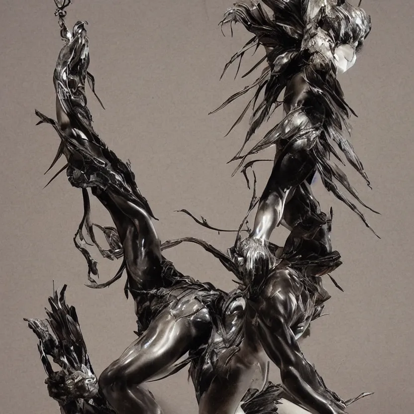 Prompt: A beautiful marble statue. Feathers and leather. Hell and heaven. by Yasushi Nirasawa.