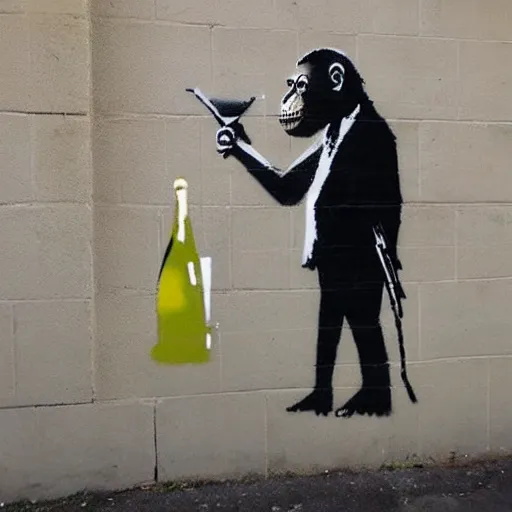 Image similar to Graffiti by Banksy of an ape in a suit drinking champagne