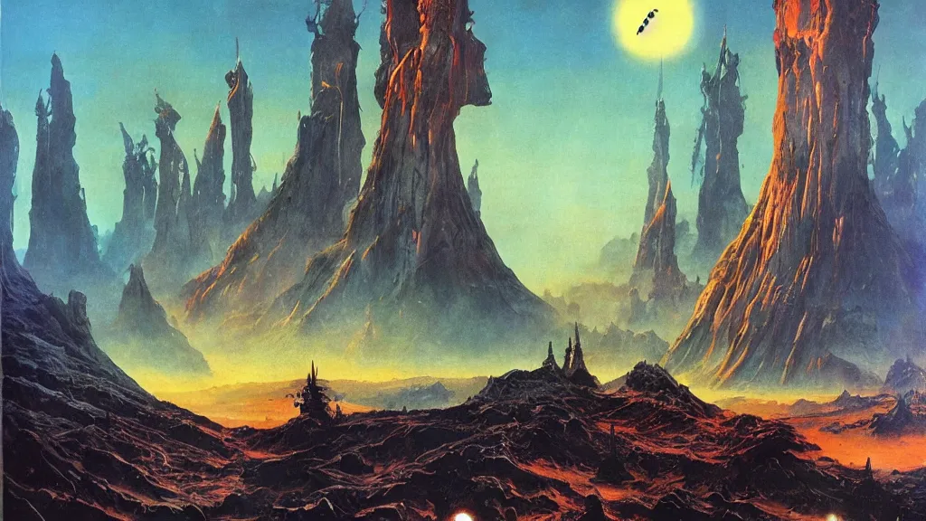 Image similar to surreal eerie alien planet empire by frank frazetta and bruce pennington, cinematic matte painting