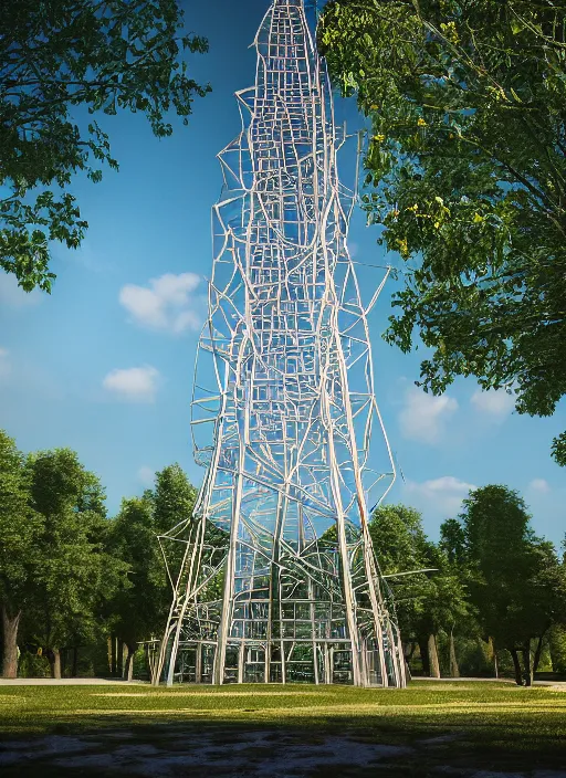 Image similar to highly detailed realistic architecture 3 d render of a stele shukhov tower standing in a city park, archdaily, made in unreal engine 4 octane render