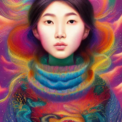 Image similar to young asian woman with flowing hair dressed in a comfortable sweater, rendered in octane, photorealism, by Ansel Adams David Suh Lisa Frank Peter Mohrbacher Artgerm