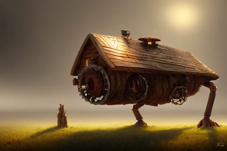 Image similar to a walking wood house with two mechanical legs, rust, hyperrealistic, highly detailed, cinematic, single ray of sun, fog, beautiful, cgssociety, artstation, 8 k, oil painting