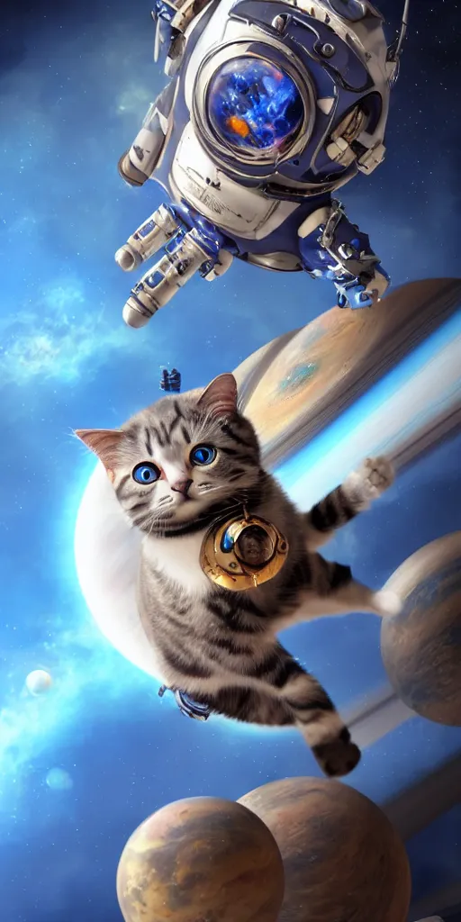 Image similar to A cat with beautiful blue eyes flying in a steampunk space suit over the Saturn planet, digital illustration, concept art, 8k, trending on artstation, highly detailed