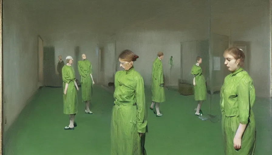 Image similar to painting by borremans, queen in light green hall with mirrors on the walls, detailed, stunning