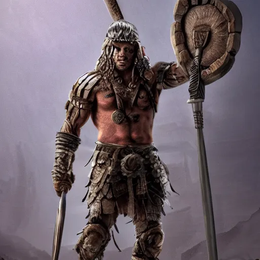 Image similar to muscular warrior with tree - bark skin wearing intricate stone and wood armor, holding halberd with laser blade, battlefield, highly detailed, dramatic lighting, cinematic, sci - fi, hyperrealistic, detailed