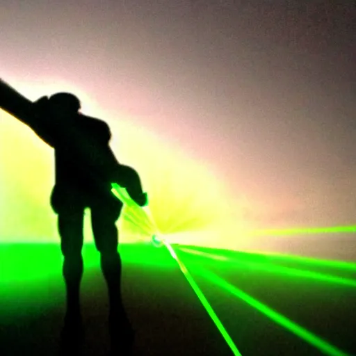 Prompt: photographed with a fujifilm FinePix 2650, mostly silhouetted humanoid figure with glistening chibi eyes wearing a spikey-hat stands in front of beams of green laser pointers through clouds of gnats and glass condensation