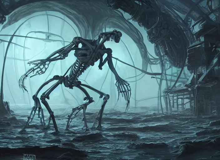 Image similar to science fiction laboratory with a muscular alien specimen with long boney limbs breaking out of its chamber in the style of mohrbacher and glenn fabry, futuristic, layers of bones, transparent carapace, 3 d environment art, unreal engine, god rays, flooded station, artstation, cinematic lighting, klaxon, foggy