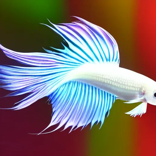 Prompt: a graceful iridescent white betta fish with long swirling fins, black-water-background