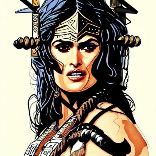 Image similar to illustration of Salma Hayek as a barbarian warrior intricate details by MARVEL comics and Sandra Chevrier , elegant, highly detailed , centered