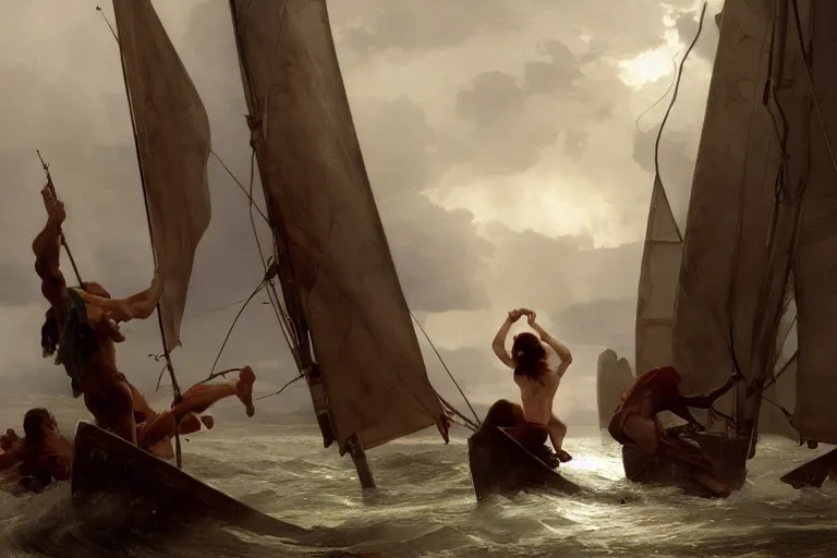 Image similar to ancient historically accurate depiction of Bible Character walking on water during a storm, a small fishing sailboat with scared sailors on board, dramatic lighting by frank miller, illustration by Ruan Jia and Mandy Jurgens and William-Adolphe Bouguereau, Artgerm, 4k, digital art, surreal, space dandy style, highly detailed, godsend, artstation, digital painting, concept art, smooth, sharp focus, illustration by Ruan Jia and Mandy Jurgens and William-Adolphe Bouguereau, Artgerm