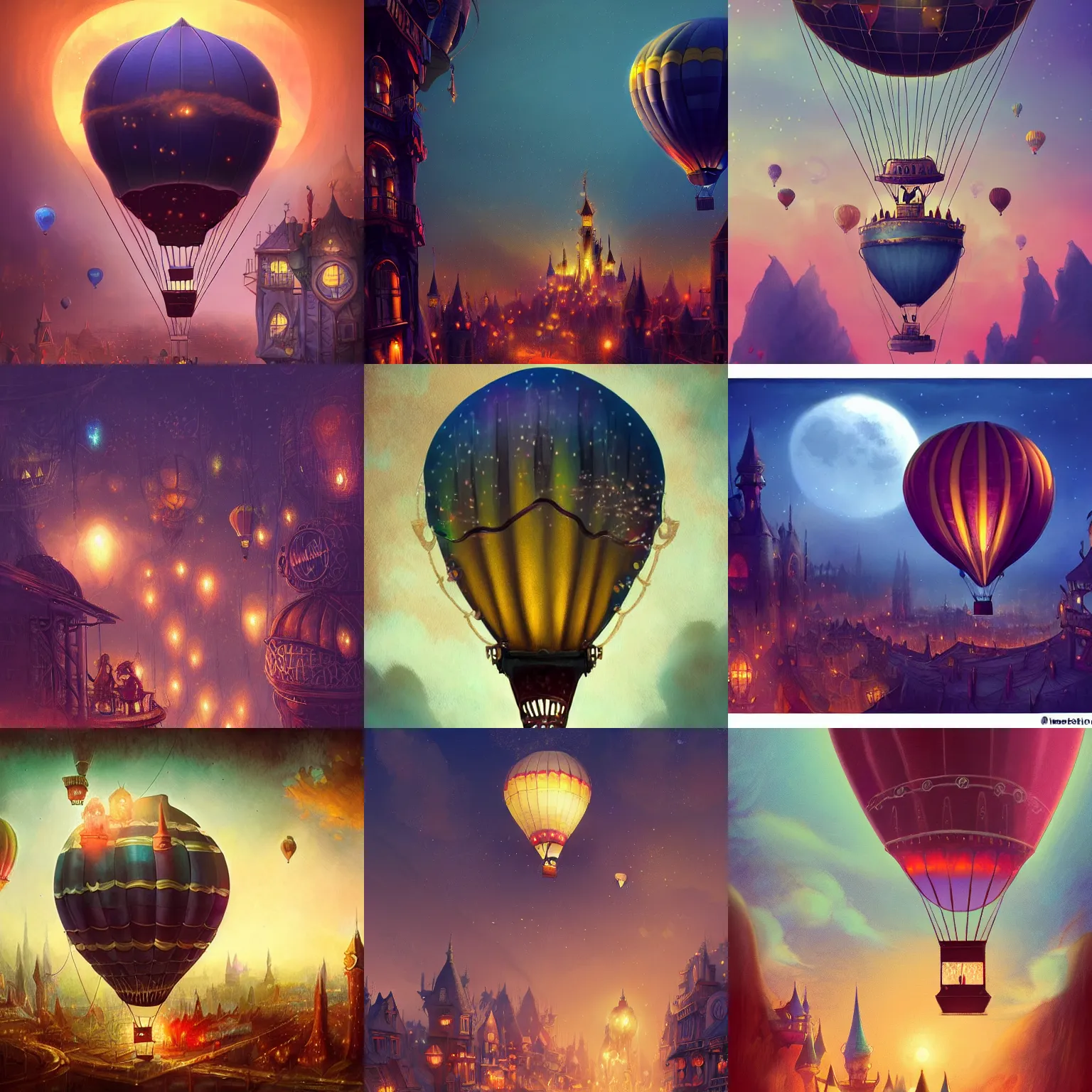 Image similar to a beautiful stunning fantasy whimsical matte digital illustration of a scene of a hot - air balloon powered by magic over a lit city at night by marc simonetti, pastel color palette, disney magic the gathering steampunk, chiaroscuro magical bokeh moon stars dramatic romantic epic breathtaking, trending on artstation hq, masterpiece