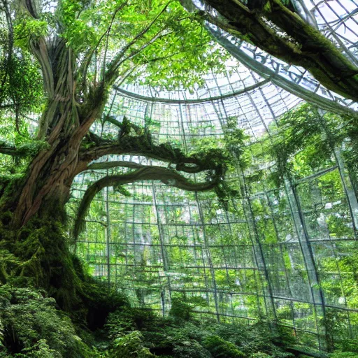 Prompt: miles wide biodome interior, lush vista, giant tree in center