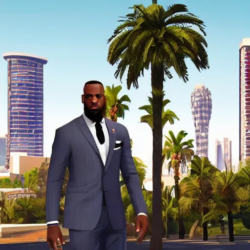 Image similar to Lebron James wearing a suit in GTA V . Los Santos in background, palm trees. in the art style of Stephen Bliss