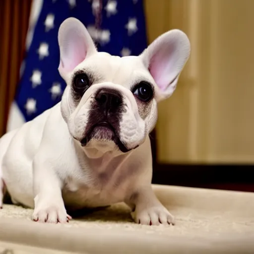 Image similar to A white french bulldog as the president of the united states, 8k hdr movie still, dynamic lighting, detailed