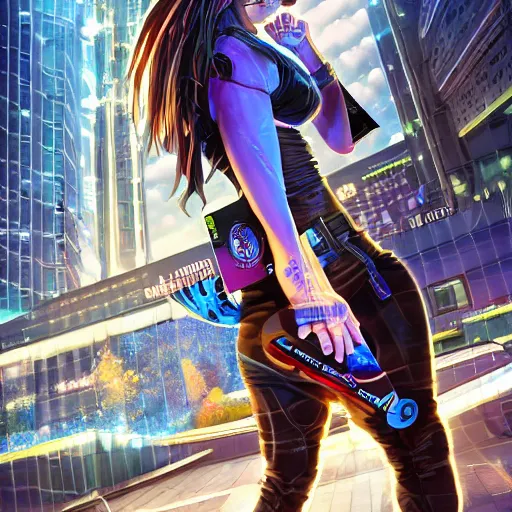 Prompt: symmetrical, full body portrait of a cyberpunk teenage girl on a futuristic skateboard holding a parcel under one arm and a magnetic harpoon in her opposite hand, grinning slyly, City lighting, depth of field, photography, saturated colors, highly detailed, by Stanley Artgerm Lau, WLOP, Rossdraws, James Jean, Andrei Riabovitchev, Marc Simonetti, and Sakimichan, 4k resolution