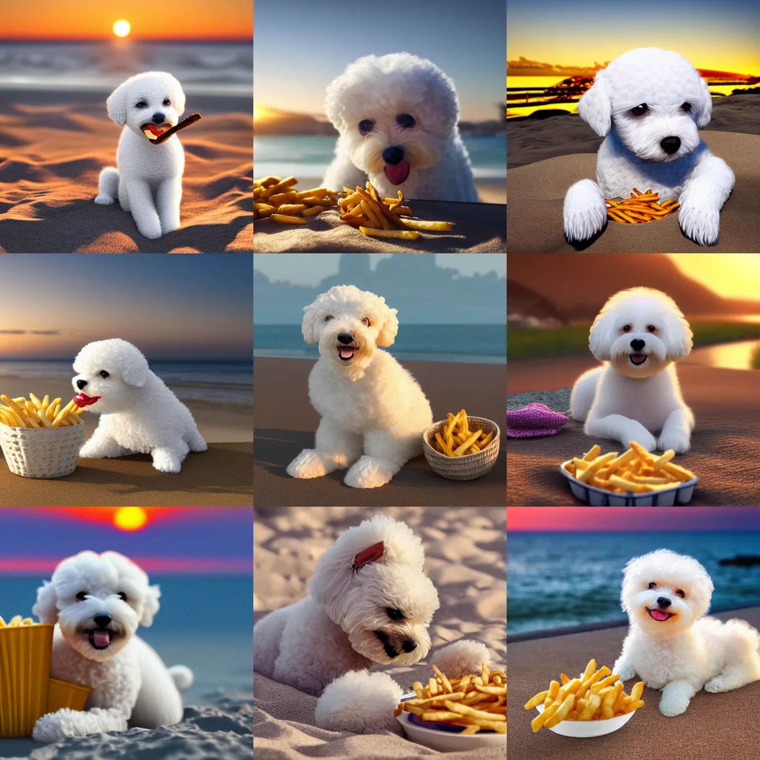 Image similar to a photorealistic photograph of a smiling knitted white bichon puppy eating basket of french fries during sunset at the beach Trending on artstation, featured on Behance, well-rendered, Unreal Engine, 4K HD