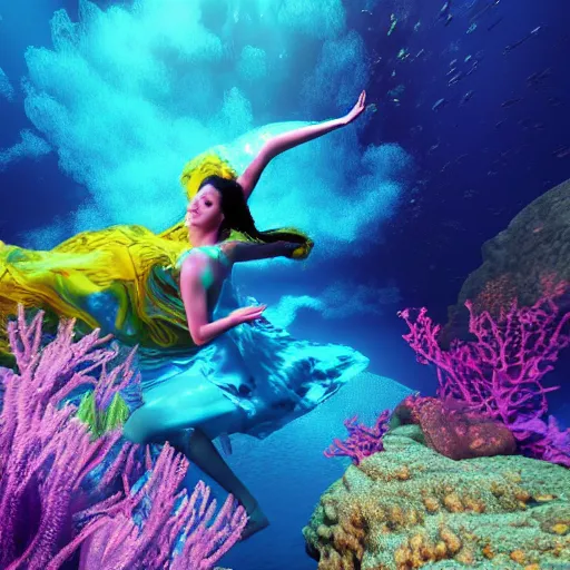 Image similar to woman dancing underwater wearing a flowing dress made of blue, magenta, and yellow seaweed, delicate coral sea bottom, swirling silver fish, swirling smoke shapes, unreal engine, caustics lighting from above, cinematic, hyperdetailed