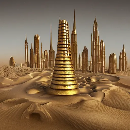 Prompt: cover concept art of the lost sand city, levitating sand, golden towers, golden pillars, palm trees, space and time, floating objects, post-processing, in the style of Hugh Ferriss, Behance, Artgerm. High detail, ultra realistic render, octane, 3D, photorealism, symmetric, cinematic