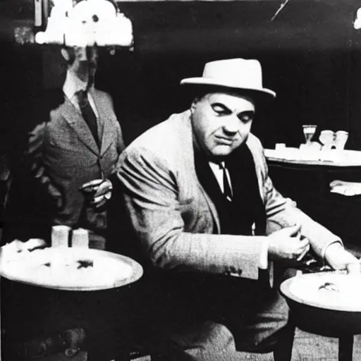 Prompt: Al Capone eating Chicago style deep dish pizza