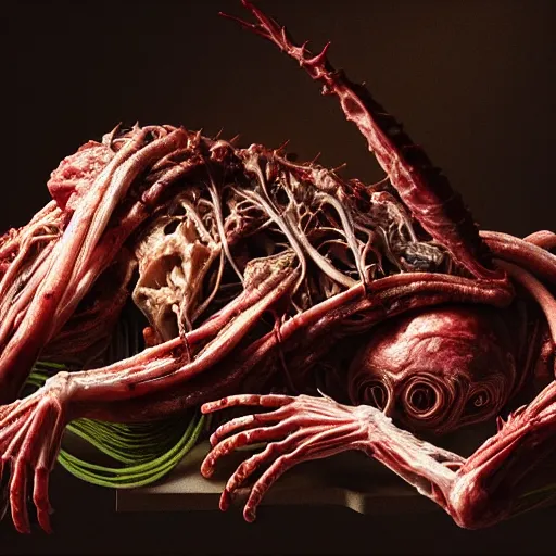Prompt: still life of an alien, draped in rotten meat, human spine and nerves, beautiful detailed intricate insanely detailed octane render, 8K artistic photography, photorealistic, chiaroscuro, Raphael, Caravaggio