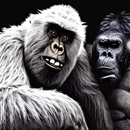 Prompt: a high detailed realistic photo of a yeti and sasquatch battling king kong