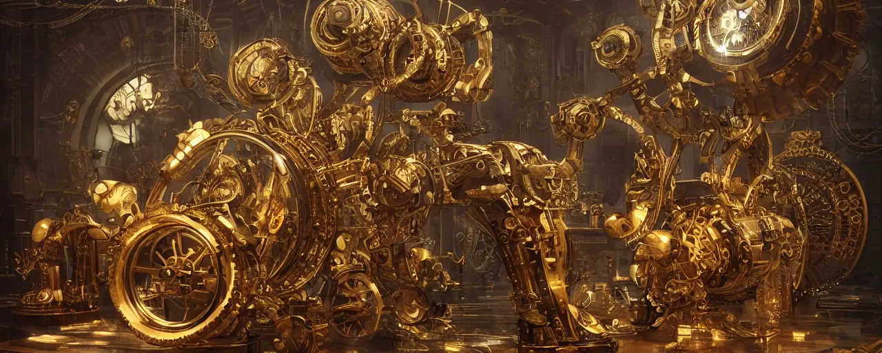 Prompt: dynamic composition, intricate golden clockwork robot pushing a giant wheel to power a machine, steampunk, art deco!, ornate gilded cosmic machine, in the style of simon lee and jama jurabaev, engraved, artgerm, wlop, featured on cgsociety, unreal engine, 8 k render, octane, raytracing, photorealistic